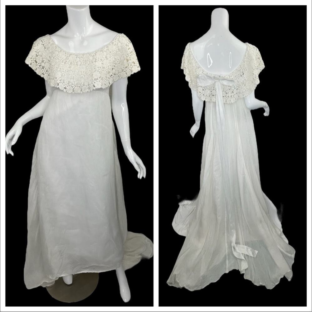 Vintage 1970's Boho Cottage Core Wedding Gown Size XS/S Floral Chiffon Crochet